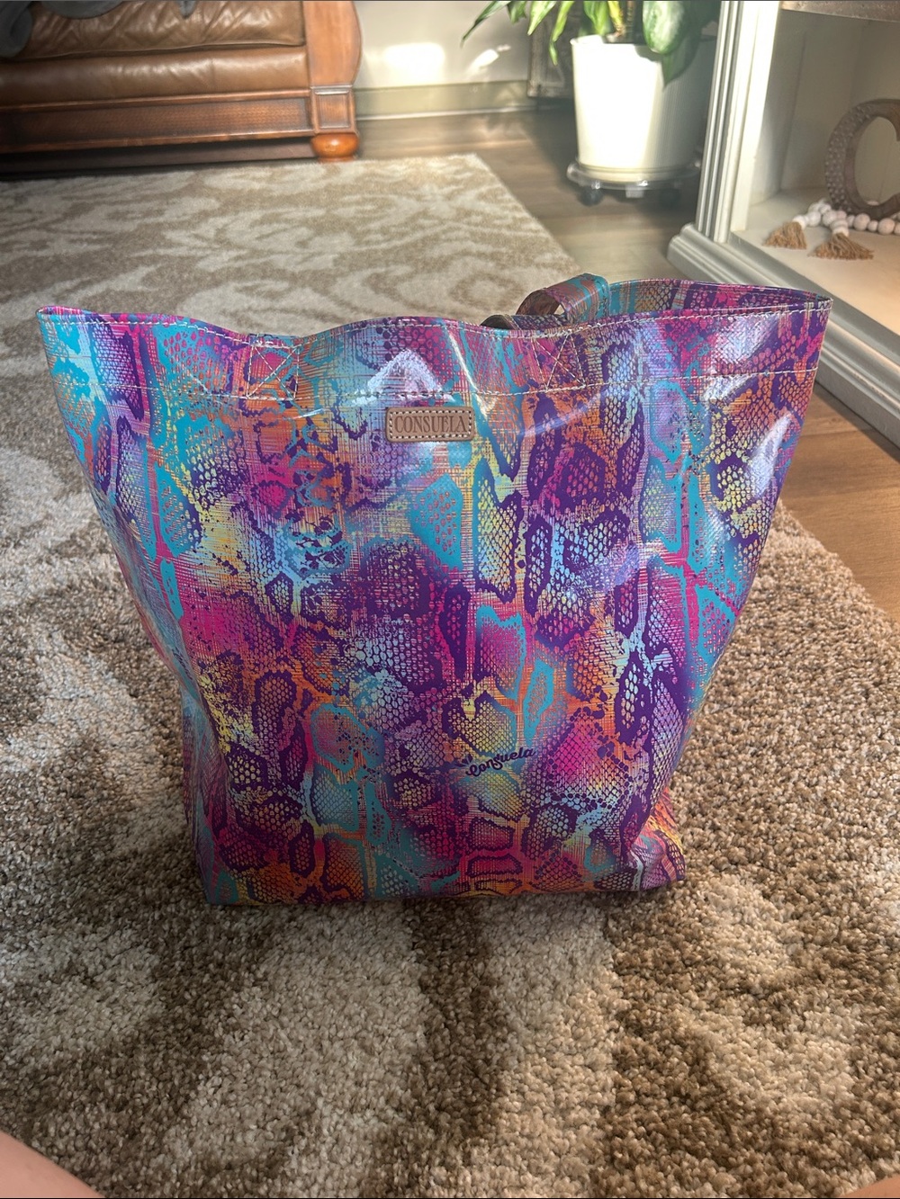 Consuela Large Bright Purple Turquoise Pink Snake-Print Tote